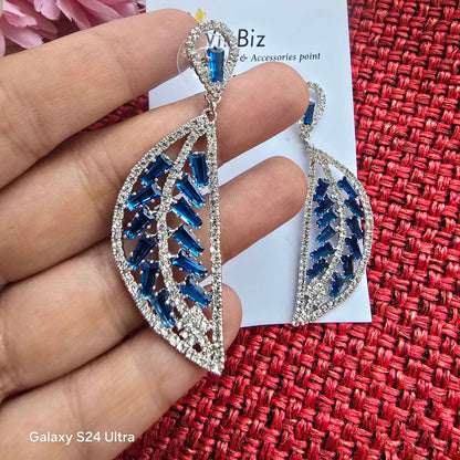 Blue Crystal Leaf Drop Earrings | Silver CZ Earrings