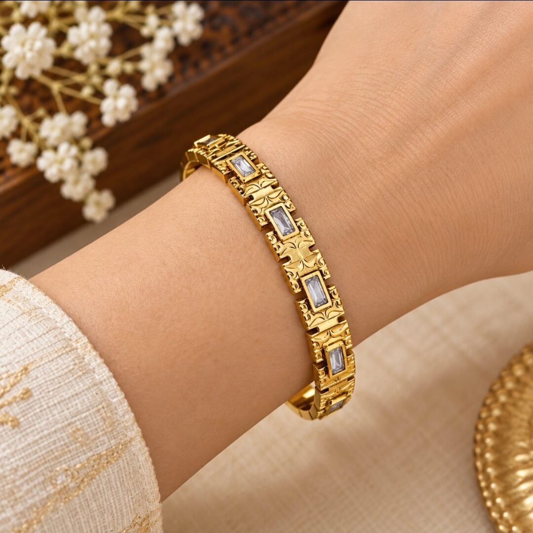 Gold Plated Anti-Tarnish Openable Bracelet with Clear Stones