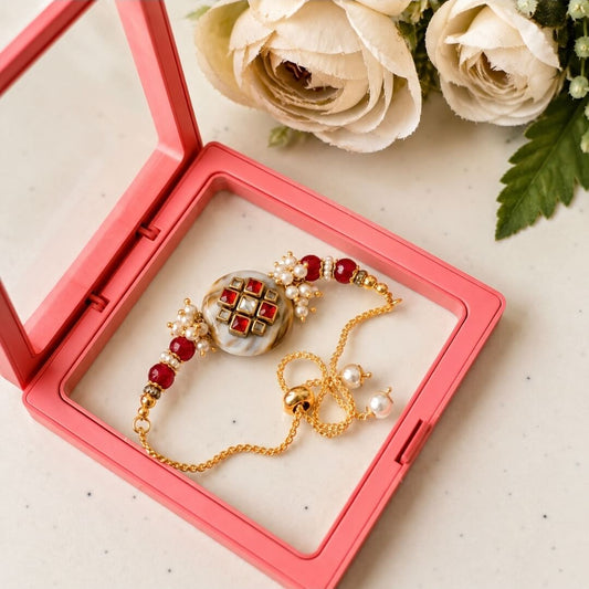 Designer Bracelet Rakhi for Bhabhi | Adjustable Pearl & Red Stone Bracelet Rakhi | Premium Raksha Bandhan Bracelet