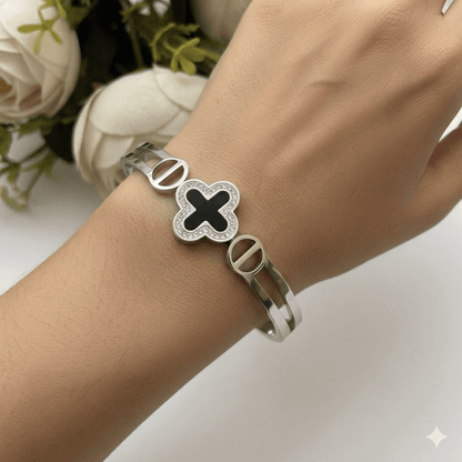 Stainless Steel Openable Clover Bracelet – Crystal Charm Silver Tone Kada for Women