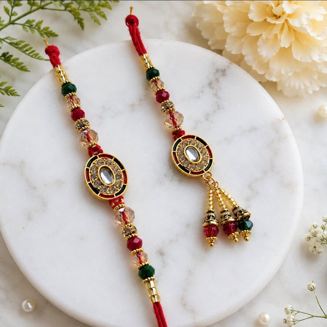 Designer Bhai Bhabhi Rakhi & Lumba Set with Kundan AD Stones | Rakhi Set with Roli Chawal