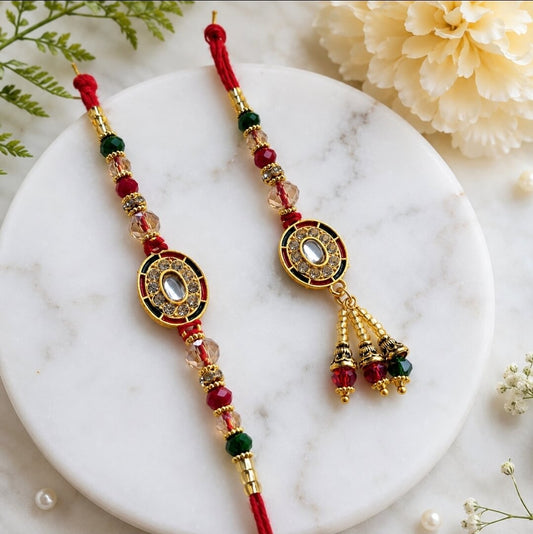 Designer Bhai Bhabhi Rakhi & Lumba Set with Kundan AD Stones | Rakhi Set with Roli Chawal