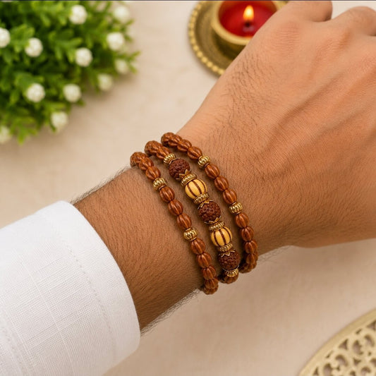 3 Layer Rudraksha Beads Rakhi for Brother | Traditional Wooden Beads Rakhi