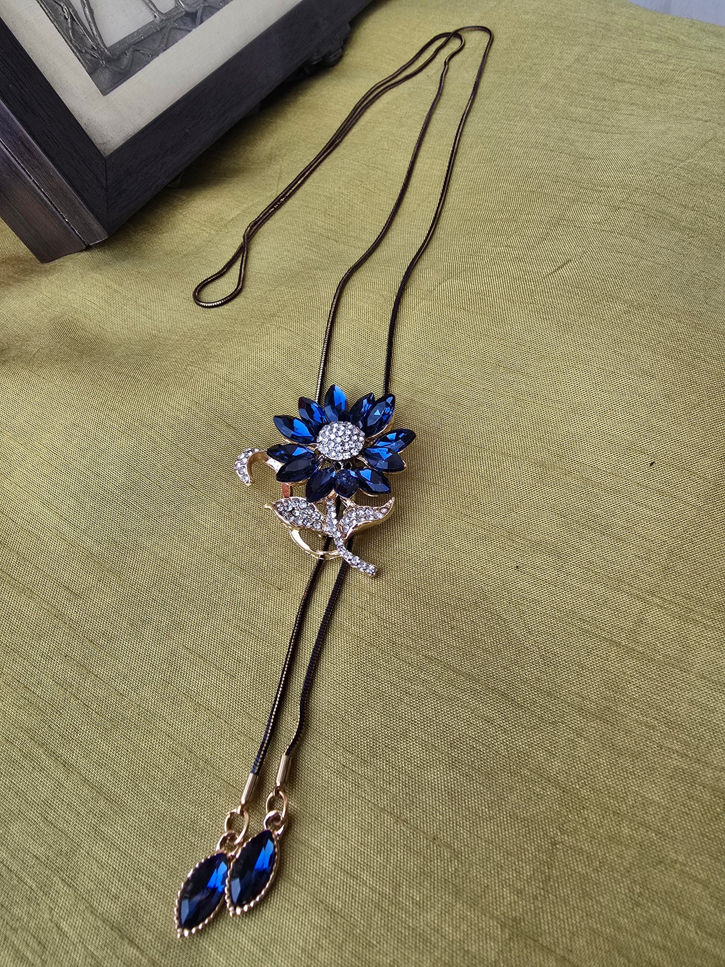 Blue Sunflower Pendant with long Black Chain