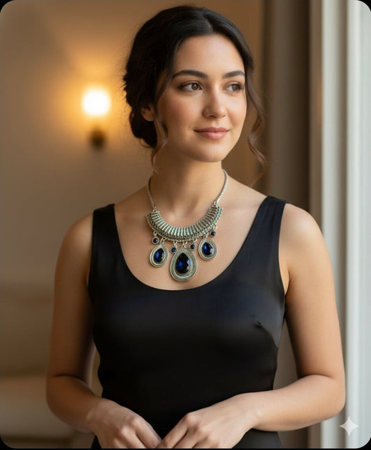 Oxidised Necklace with Blue Teardrop Charms