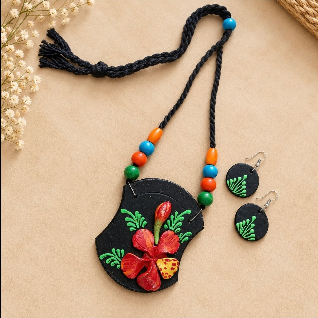 Handmade Black Floral Clay Pendant Necklace Set with Earrings
