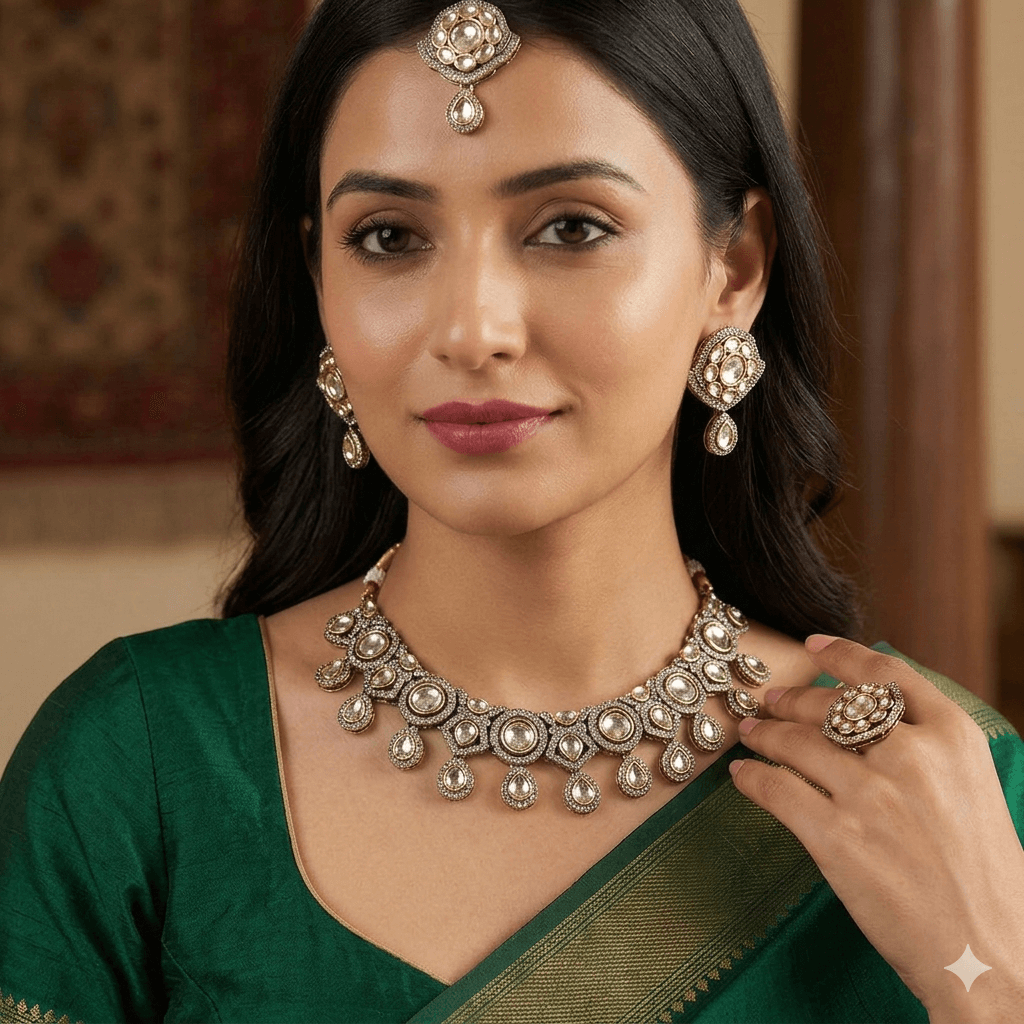 Sparkle Style Kundan Bridal Necklace Set with Statement Earrings | Traditional Gold Finish Wedding Jewellery