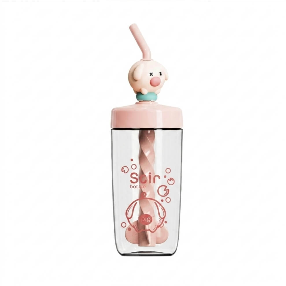 Cute Kawaii Pig Themed Straw Sipper Water Bottle for Kids | Leakproof BPA-Free Drinking Bottle