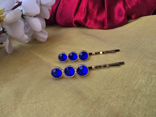 Gold-toned Bobby Pins with Blue Rhinestones