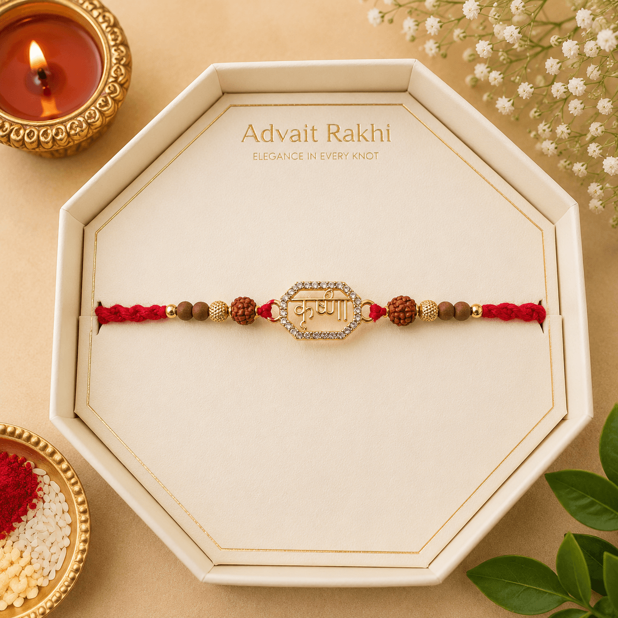 Krishna Name Rakhi for Brother | Rudraksha & Beaded Designer Rakhi | Premium Raksha Bandhan Rakhi with Roli Chawal