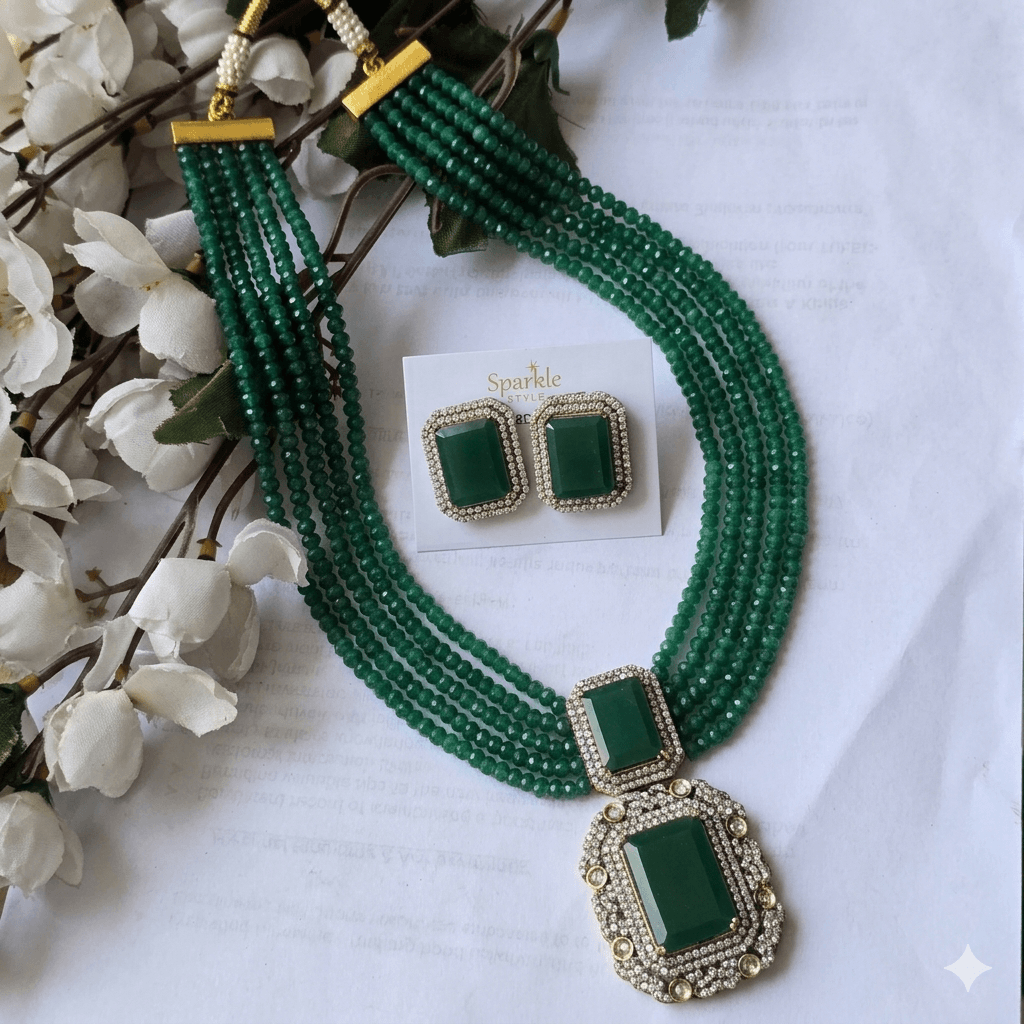 Nita Ambani Inspired Emerald Green Onyx Beads Multi-Layer Necklace Set with Statement Pendant & Stud Earrings | Luxury Party Jewellery