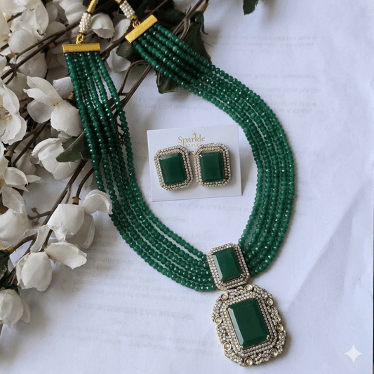Nita Ambani Inspired Emerald Green Onyx Beads Multi-Layer Necklace Set with Statement Pendant & Stud Earrings | Luxury Party Jewellery