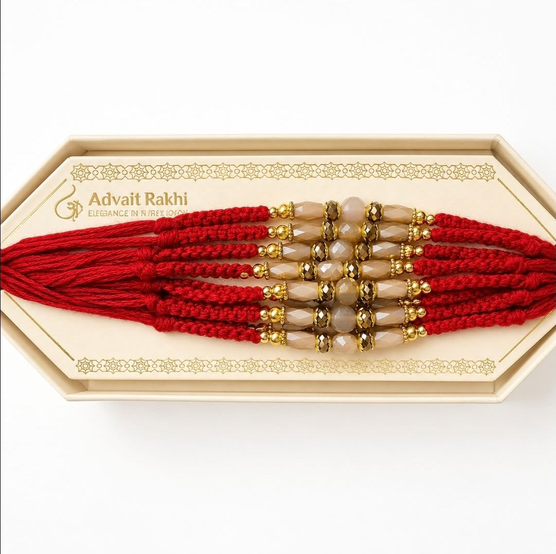 Traditional Red Beaded Rakhi with Crystal Golden & Peach Beads | Elegant Raksha Bandhan Rakhi (set of 2)