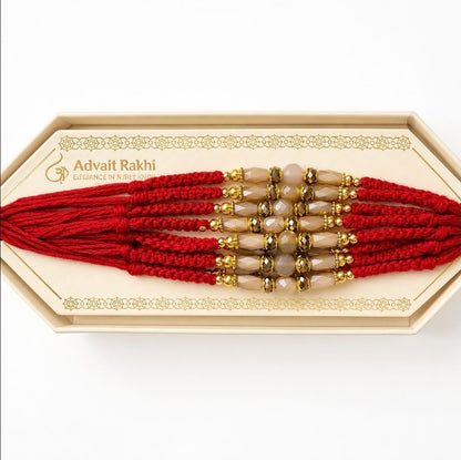 Traditional Red Beaded Rakhi with Crystal Golden & Peach Beads | Elegant Raksha Bandhan Rakhi (set of 2)