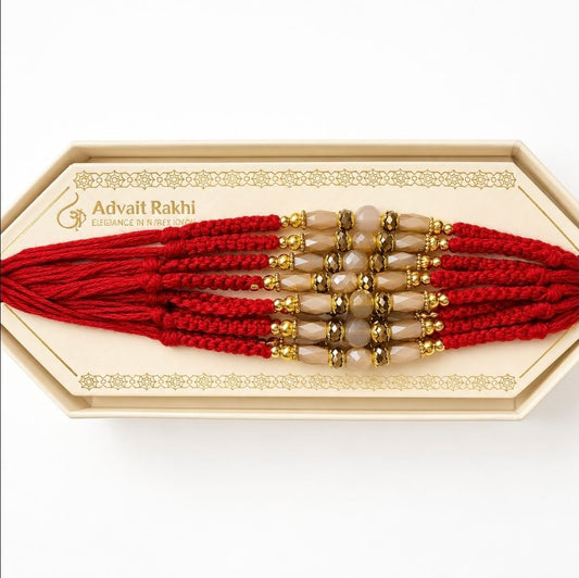 Traditional Red Beaded Rakhi with Crystal Golden & Peach Beads | Elegant Raksha Bandhan Rakhi (set of 2)
