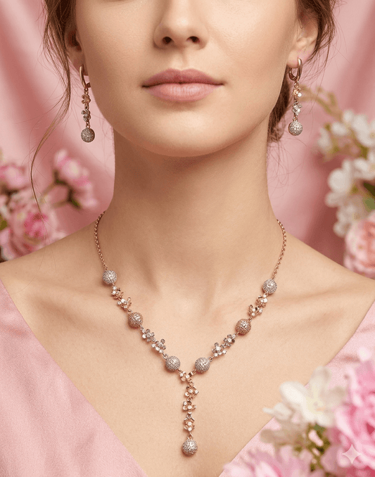 Gold & Silver Dual Tone Crystal Ball Necklace Set with Earrings | Floral Party & Festive Jewelry