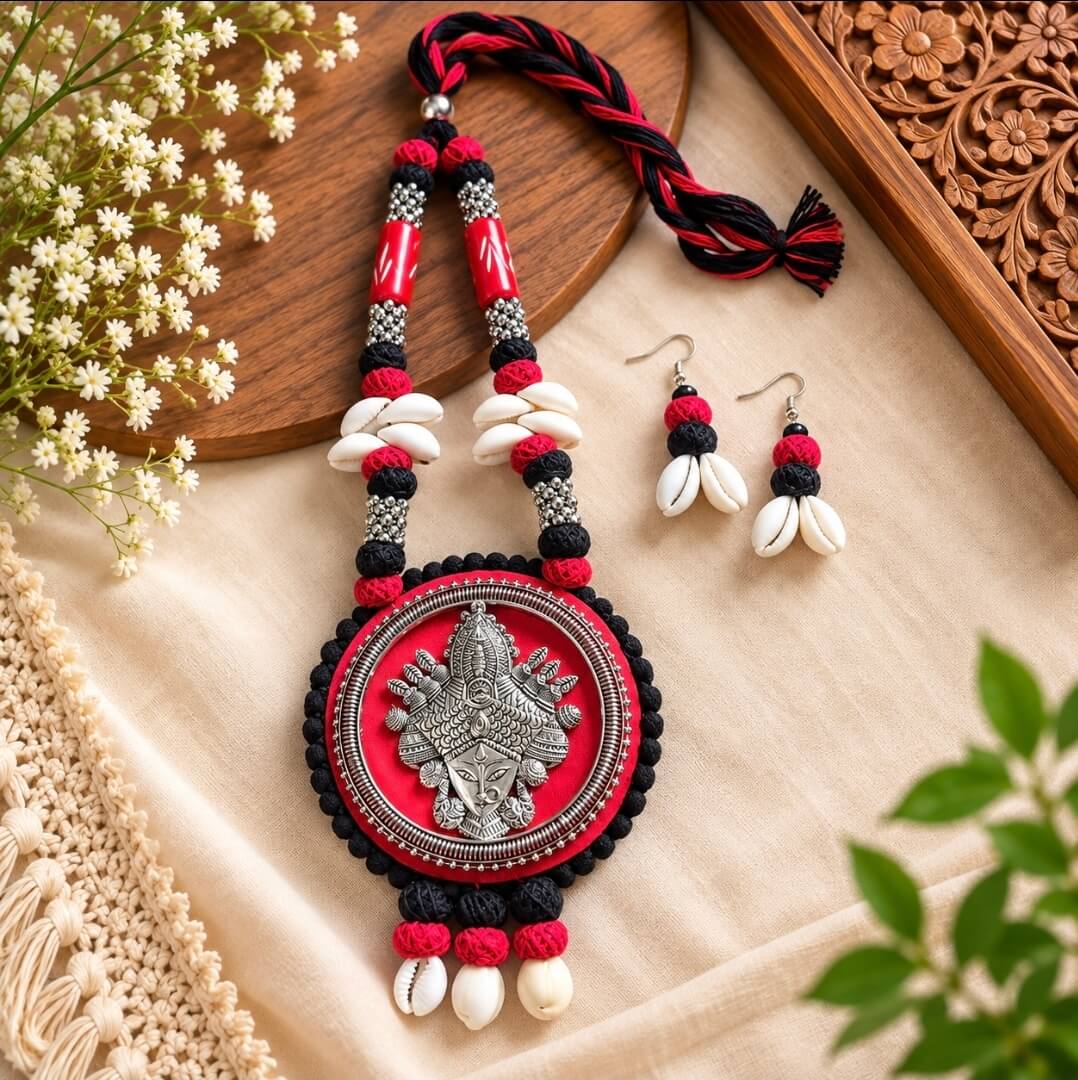 Handmade Tribal Oxidised Silver Necklace Set with Earrings