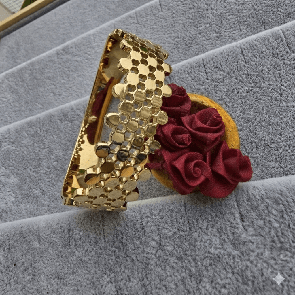 Gold Plated Honeycomb Design Cuff Bracelet for Women | Statement Party Wear Kada