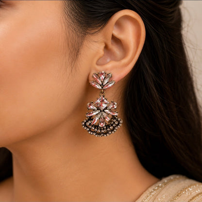 White Crystal Floral Drop Earrings | Antique Black Polish