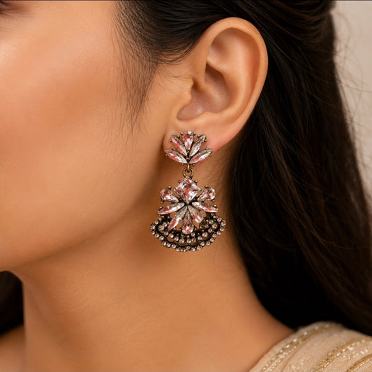 White Crystal Floral Drop Earrings | Antique Black Polish