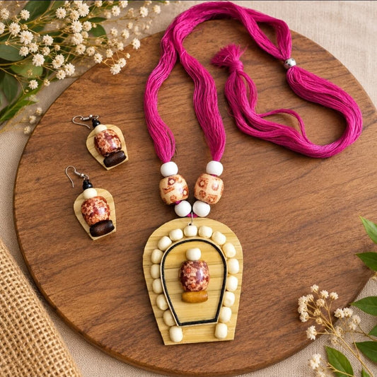 Pink & Purple Fabric Bead Handmade Necklace Set with Earrings