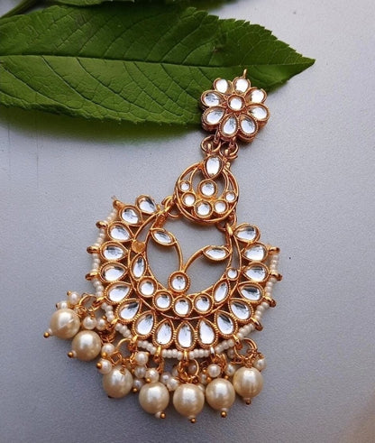 Gold Plated Kundan Chandbali Earrings with Pearl Drops | Traditional Bridal & Festive Earrings for Women