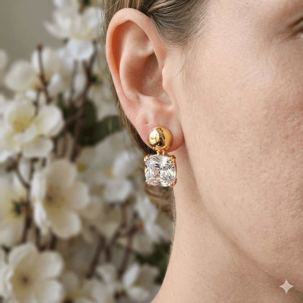 Gold Stud Drop Earrings with Crystal Stone | Elegant Diamond Look Earrings for Women | Party & Occasion Wear