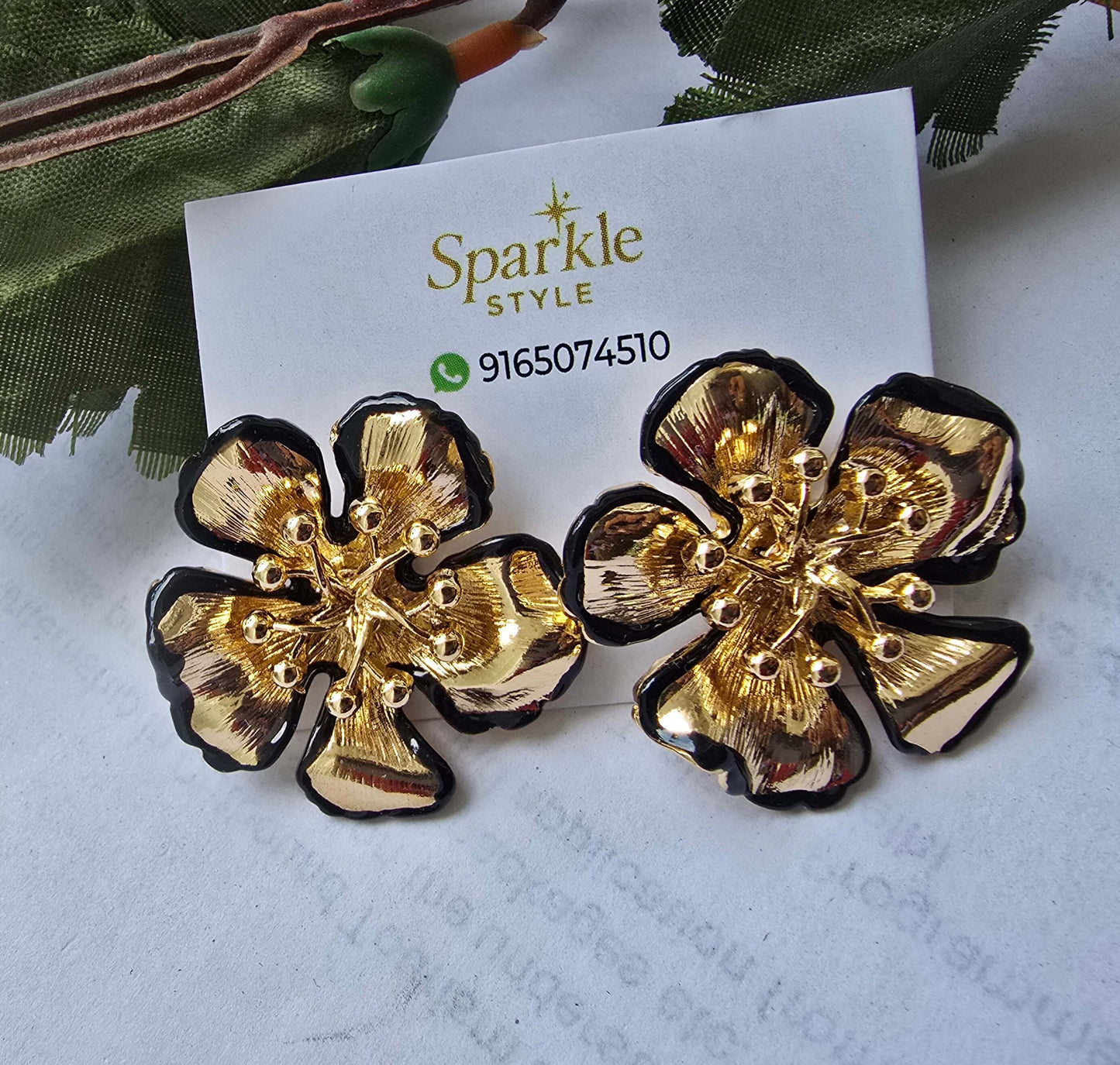 Golden Floral Statement Earrings with Black Enamel | Designer Party Wear Earrings for Women