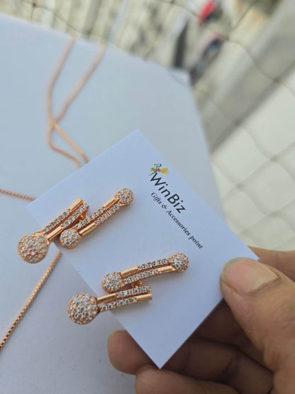 Rose Gold Adjustable AD Stone Necklace Set with Drop Motifs & Matching Earrings