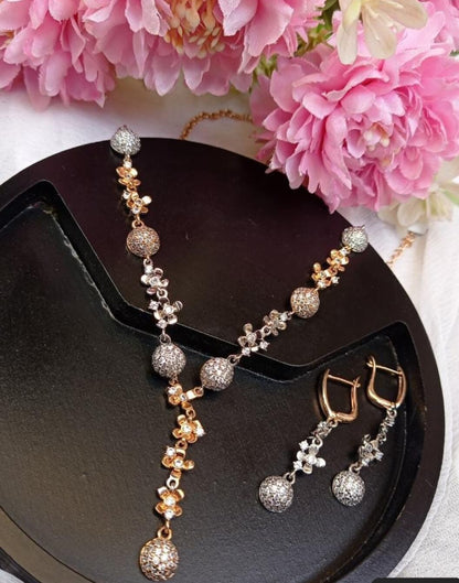 Gold & Silver Dual Tone Crystal Ball Necklace Set with Earrings | Floral Party & Festive Jewelry