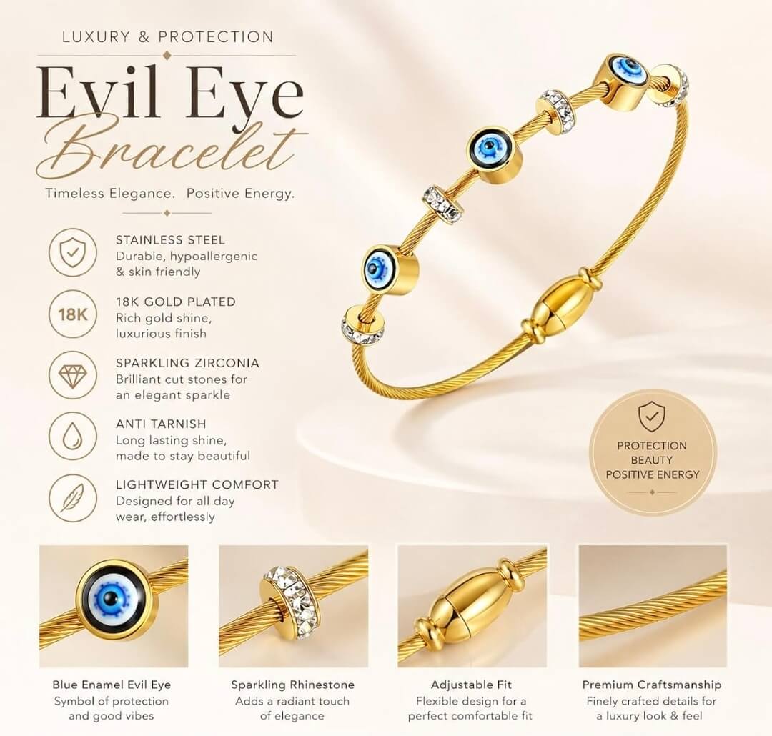 Anti-Tarnish Gold-Plated Evil Eye Openable Bracelet for Small Wrists