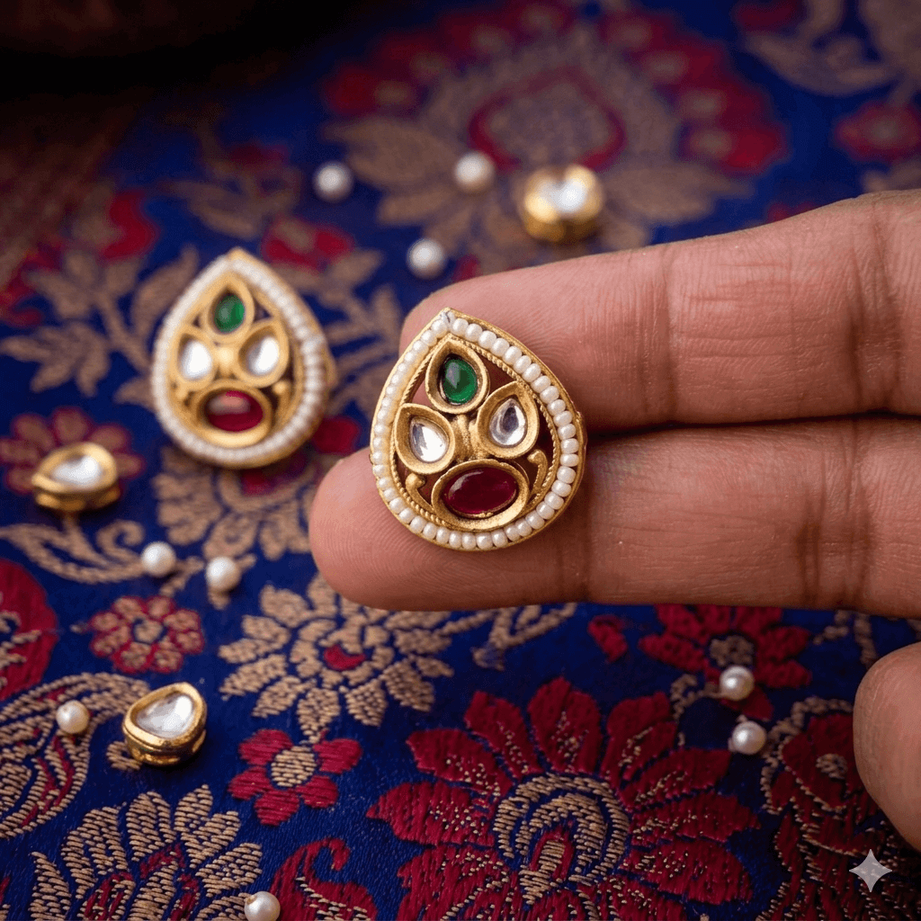 Traditional Kundan Teardrop Stud Earrings with Pearl Border – Ethnic Gold Tone Festive Earrings for Women