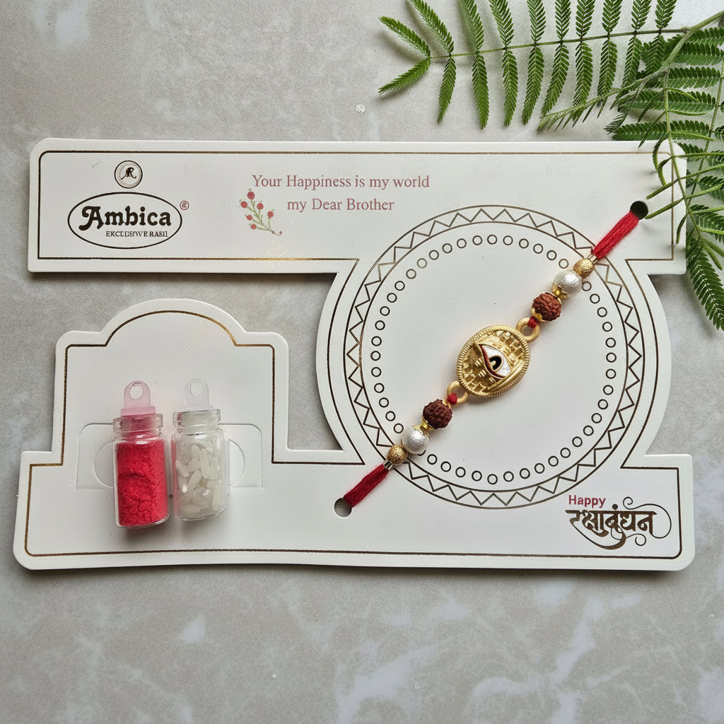 Divine Rudraksha & Om Rakhi with Roli Chawal | Premium Raksha Bandhan Rakhi Gift for Brother