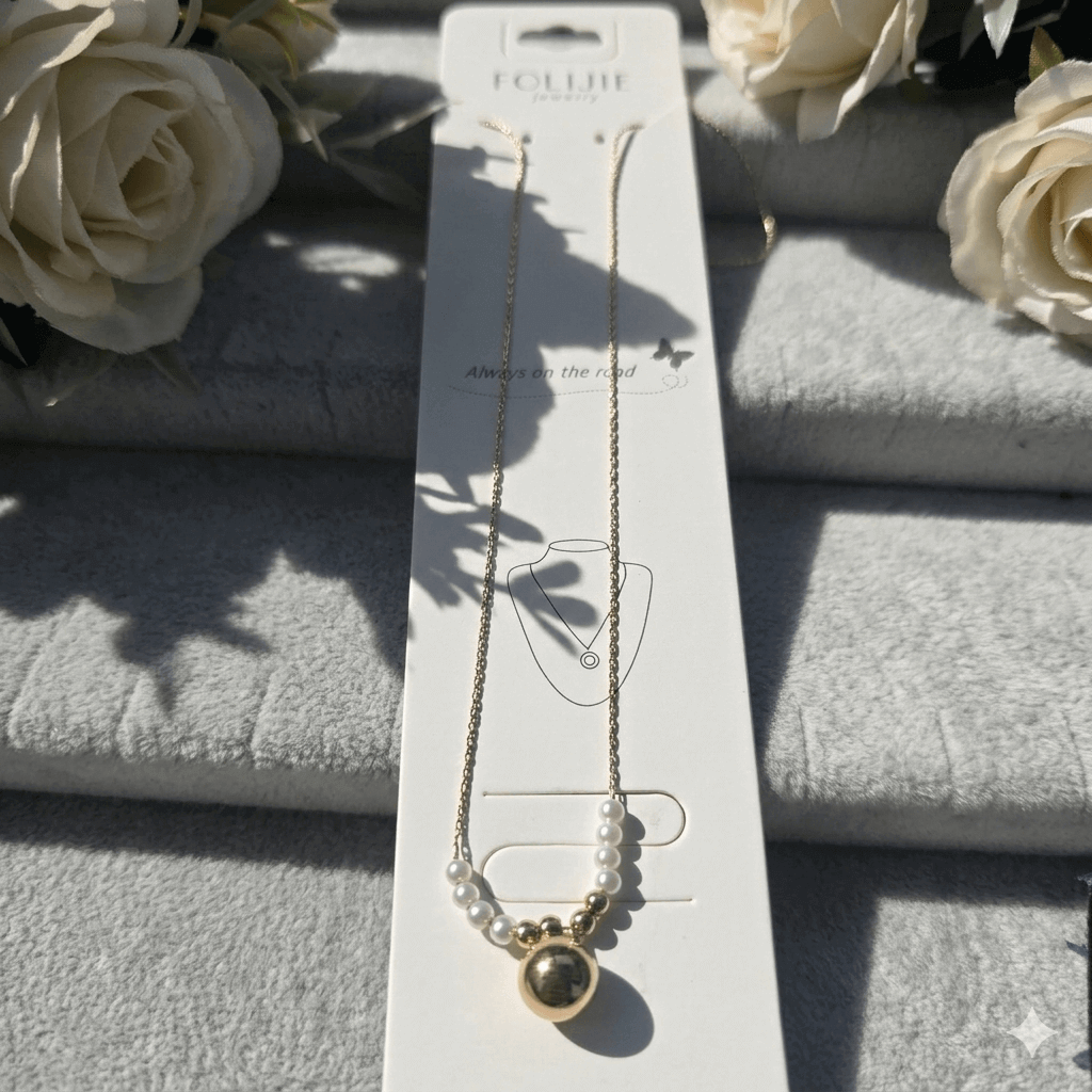 Stainless Steel Pearl Pendant Necklace – Minimalist Gold Tone Chain Necklace for Women