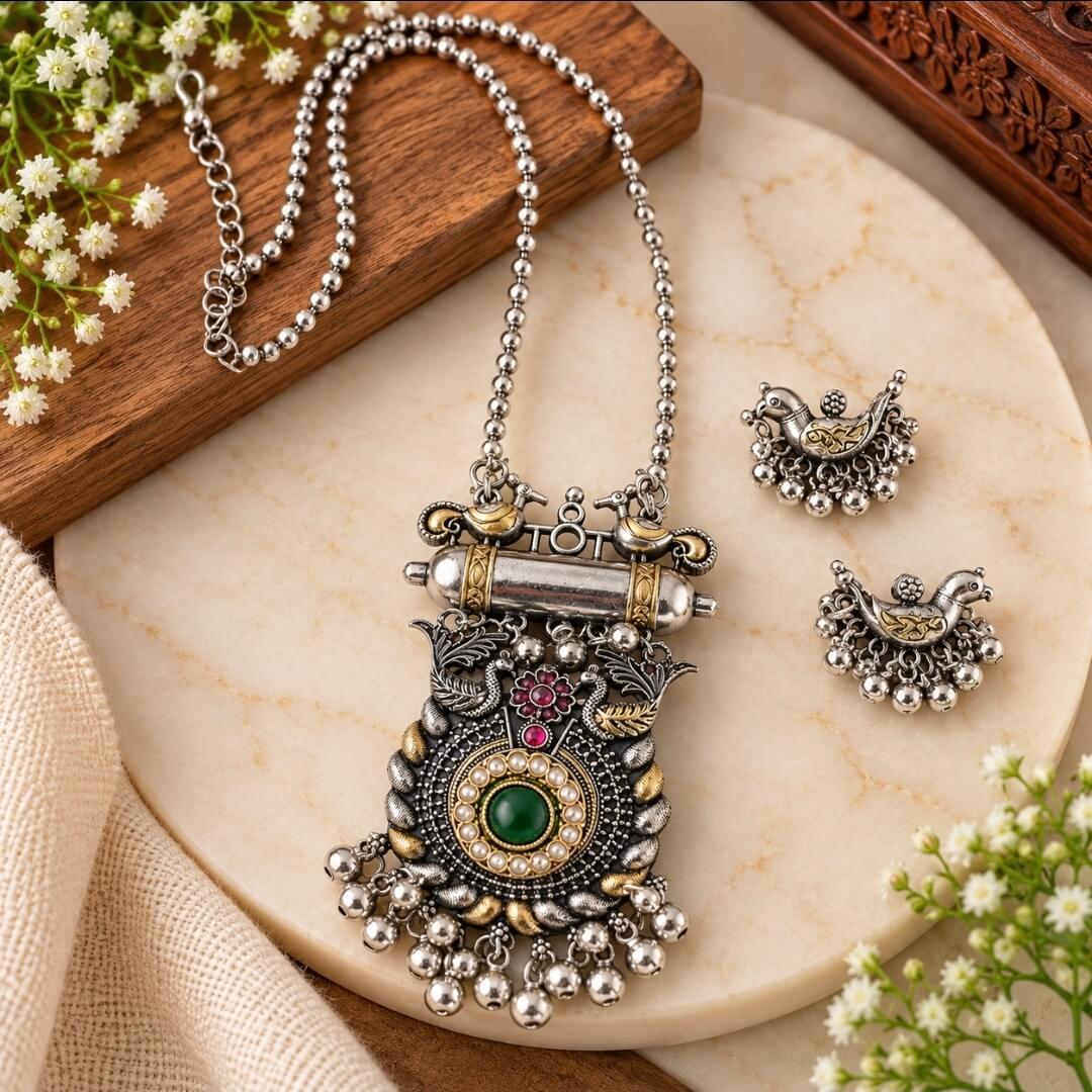 Brass Silver Peacock Long Necklace Set with Earrings