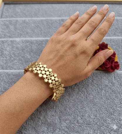 Gold Plated Honeycomb Design Cuff Bracelet for Women | Statement Party Wear Kada