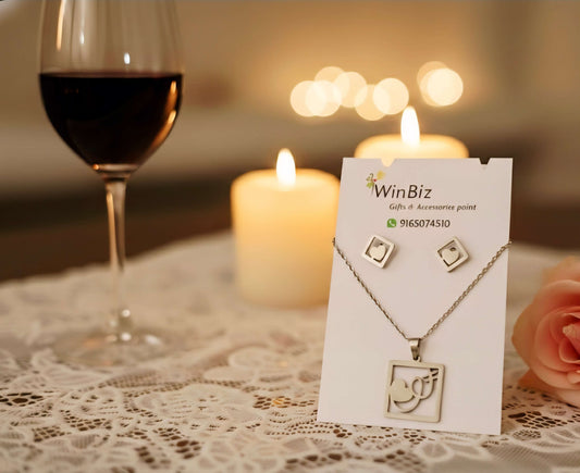 Stainless Steel Square Pendant Necklace & Heart Stud Earrings Set for Girls – Daily Wear Jewellery
