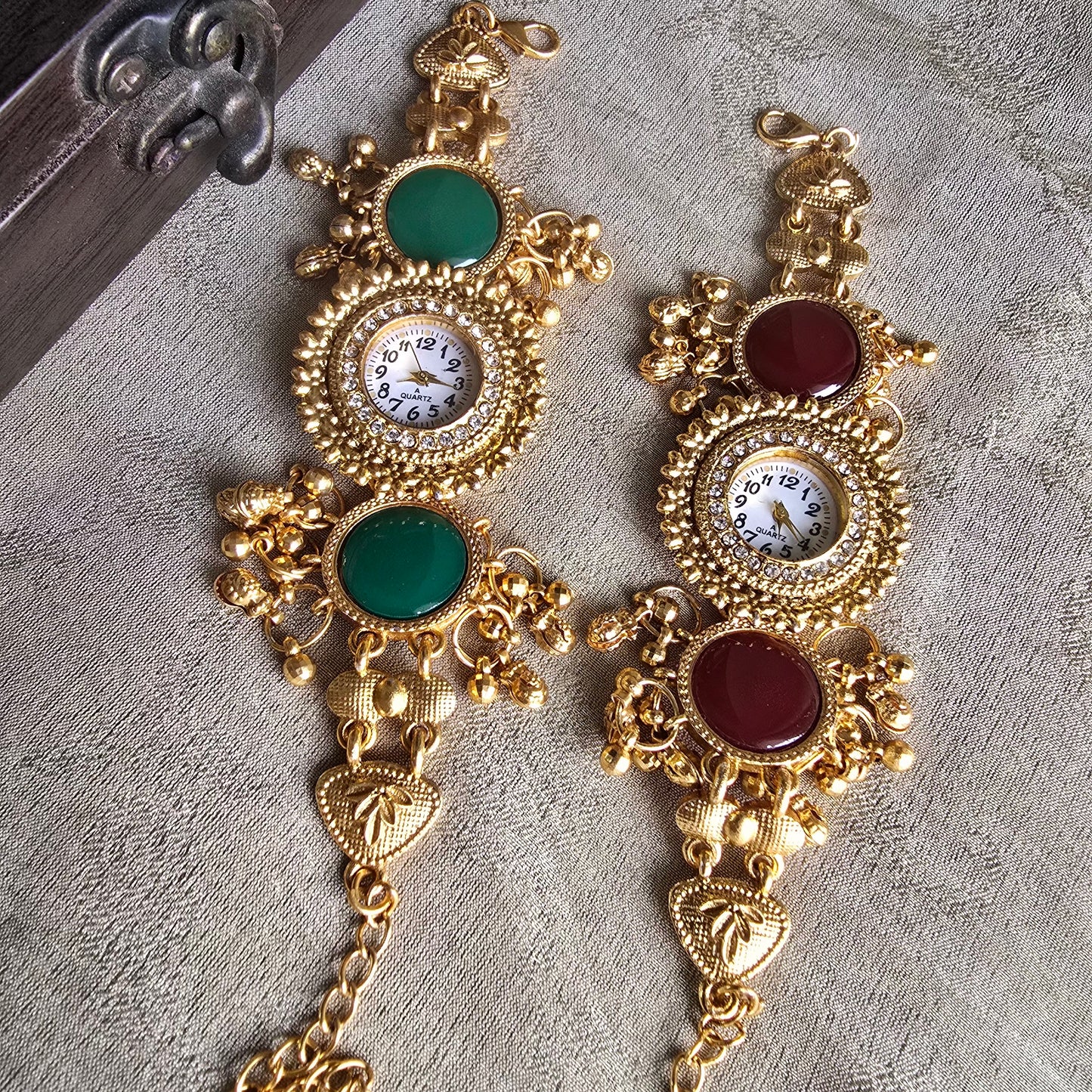 Antique Gold Bracelet Watch with Green & Red Stone Charms