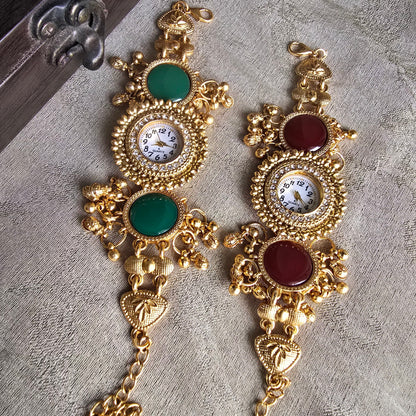 Antique Gold Bracelet Watch with Green & Red Stone Charms