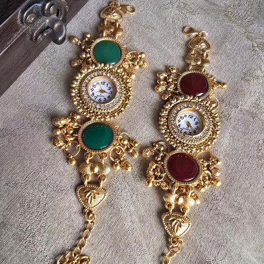 Antique Gold Bracelet Watch with Green & Red Stone Charms