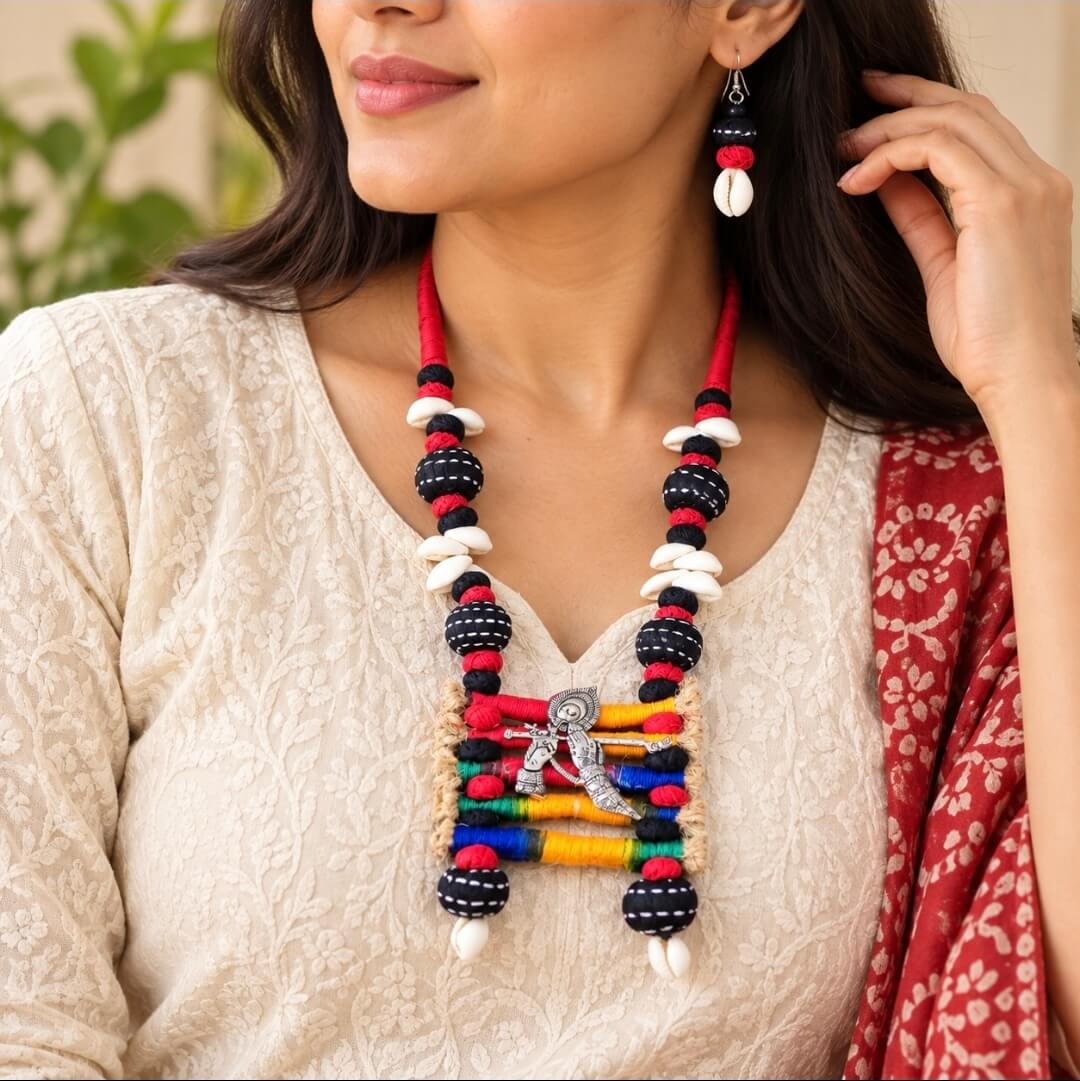 Handmade Tribal Thread Necklace with Silver Tribal Pendant & Earrings