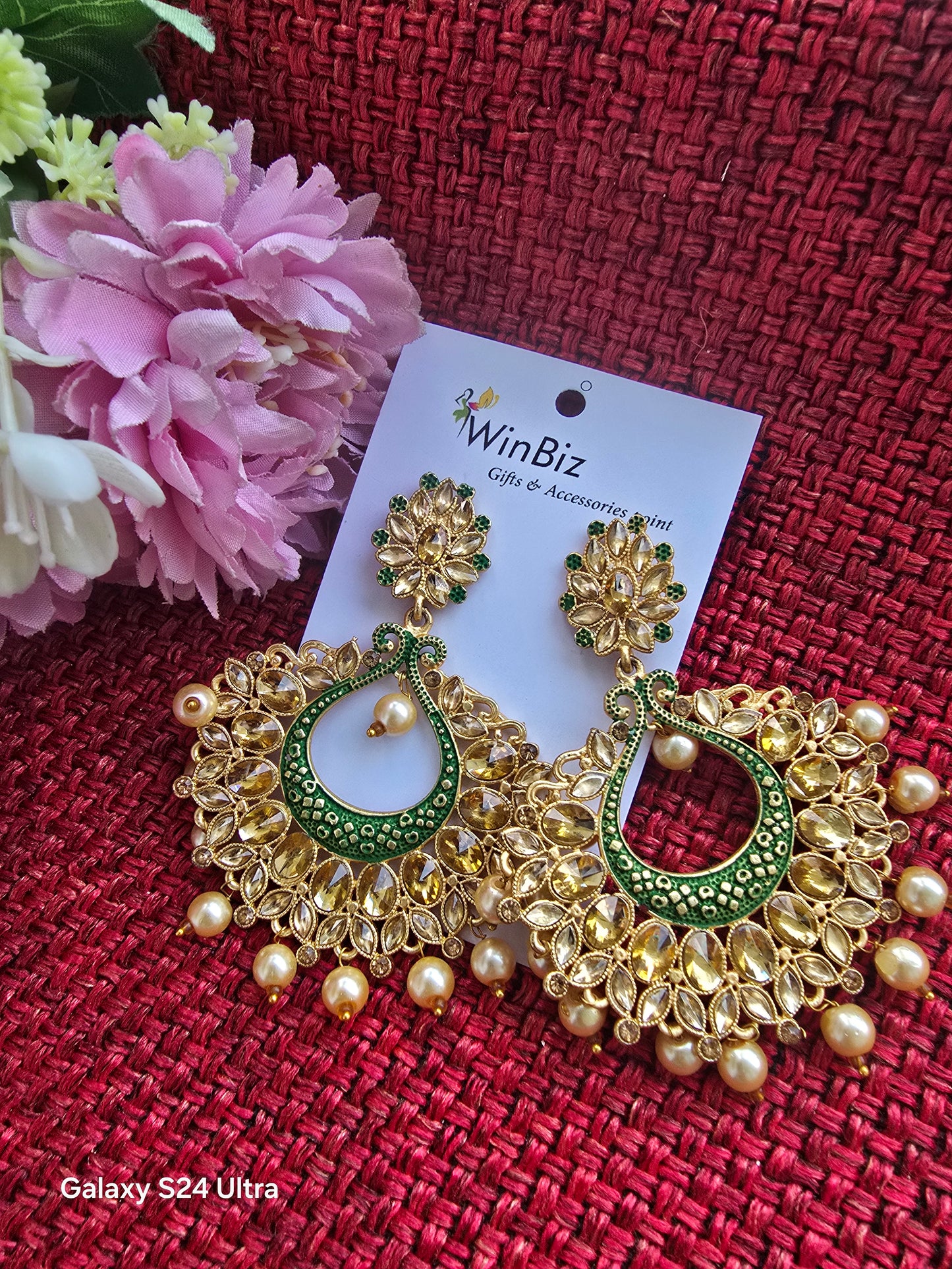 Green Chandbali Earrings With Pearl Drops