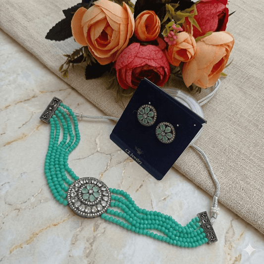 Black Polish Onyx Beads Multi-Layer Choker Necklace Set with Floral Stone Pendant & Matching Stud Earrings