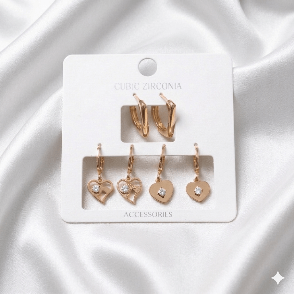3 Pair Earrings Combo Set | Gold Hoops & Heart Dangle Earrings for Women & Girls