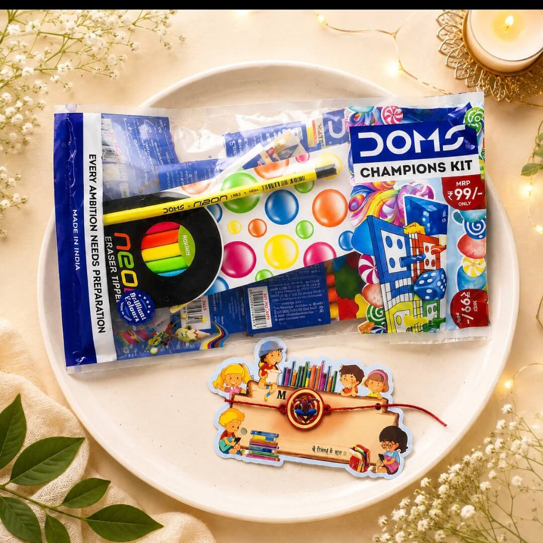 Kids Rakhi with DOMS Champions Kit Combo | Student Rakhi Gift Set with Roli Chawal
