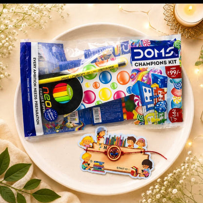 Kids Rakhi with DOMS Champions Kit Combo | Student Rakhi Gift Set with Roli Chawal