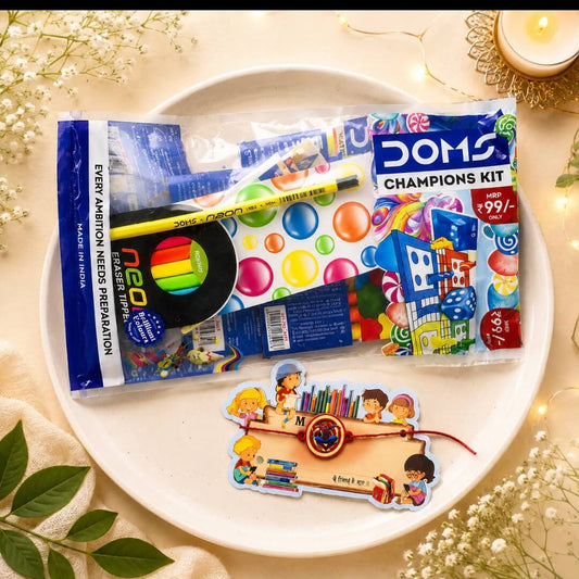 Kids Rakhi with DOMS Champions Kit Combo | Student Rakhi Gift Set with Roli Chawal