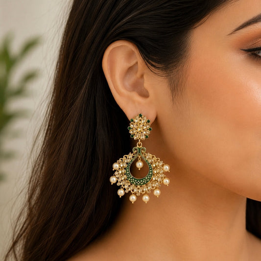 Green Chandbali Earrings With Pearl Drops