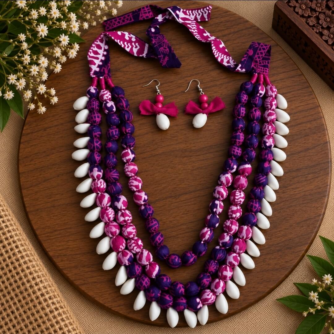 Handmade Fabric Bead Necklace Set with Shells & Earrings
