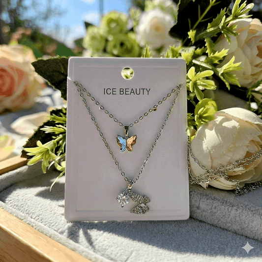 Stainless Steel Butterfly Pendant Necklace Set – Layered Crystal Charm Necklace for Women